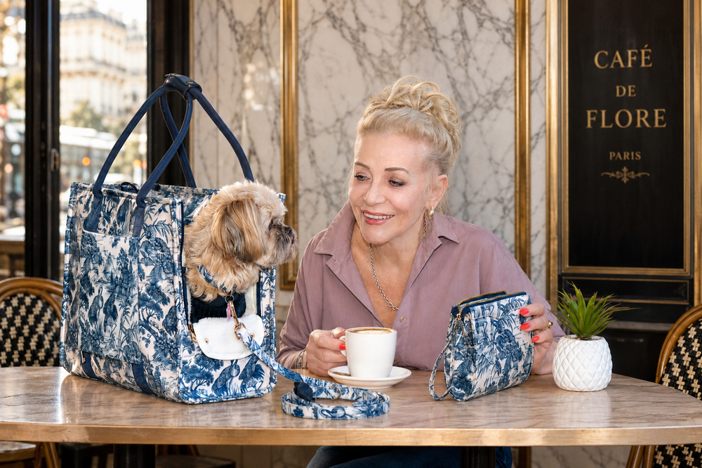 Mia Mor dog bag at outdoor café — small dog resting in elegant tote while owner enjoys coffee
