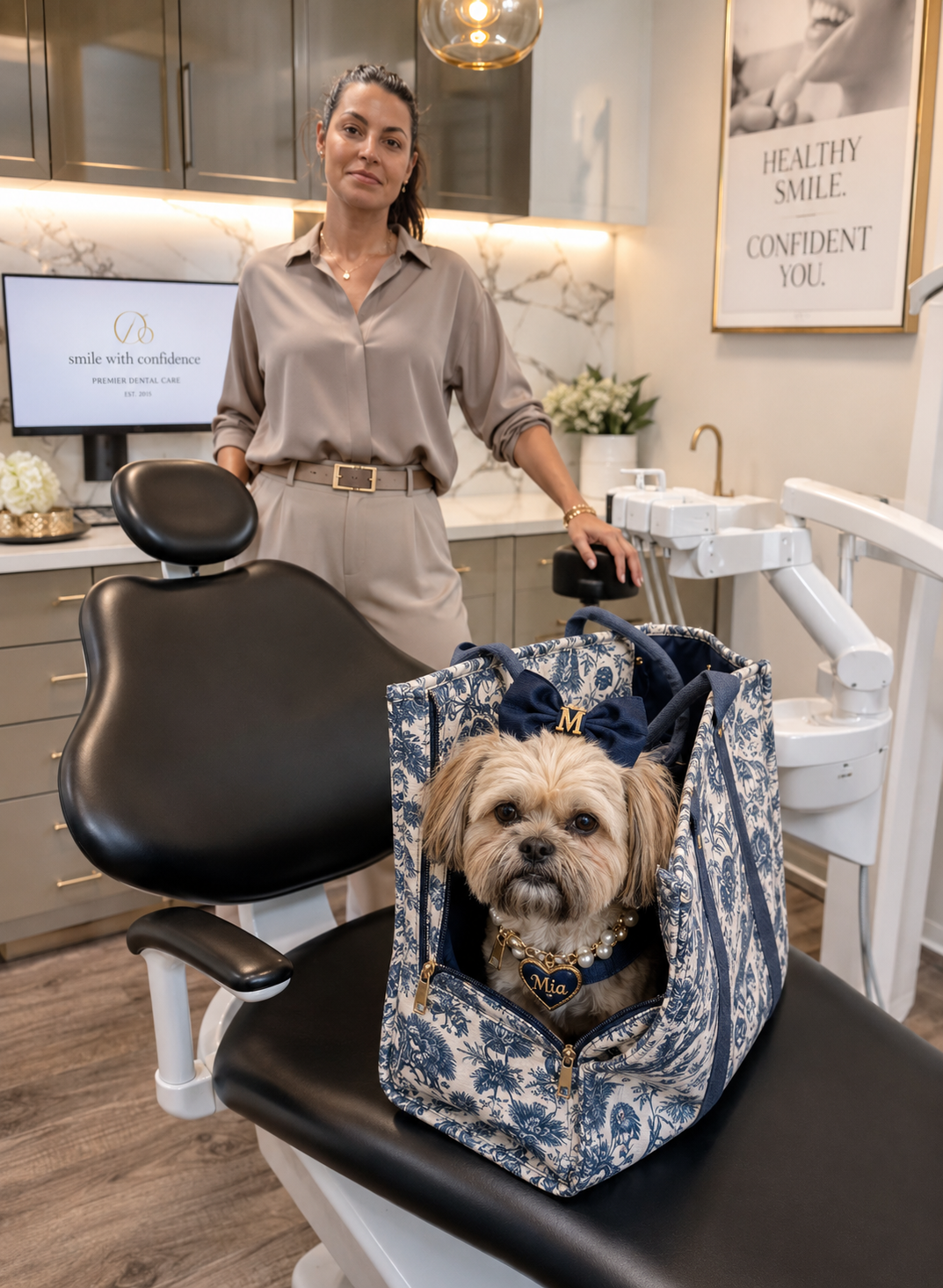 Small dog sitting comfortably in Mia Mor tote — open-top carry position for café visits