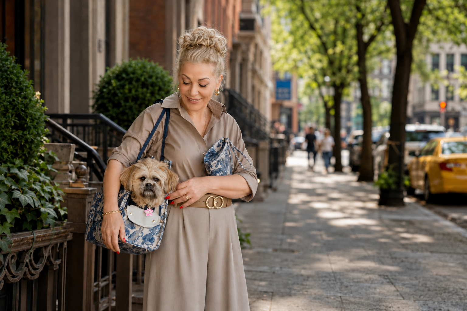 A stylish woman in the city with her dog in the Mia Mor tote